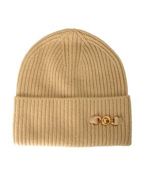 Versace Sand Beige Gold Medusa Hardware Wool Cashmere Beanie Hat One Size
